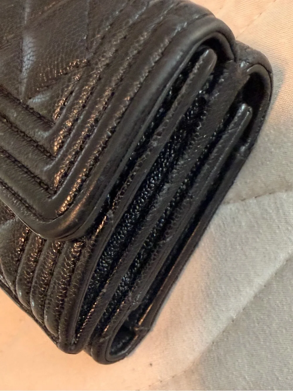 CHANEL Black Quilted Leather Compact Wallet Trifold
